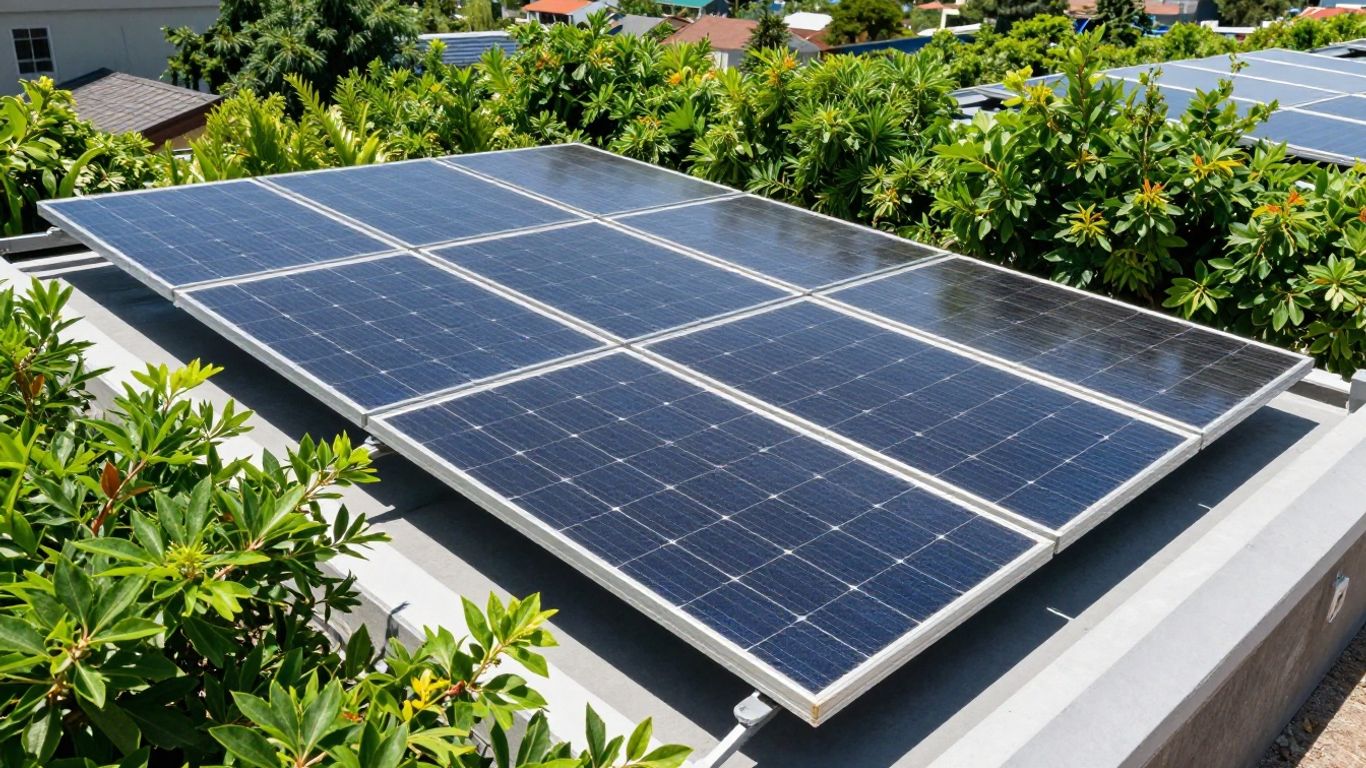 Panneaux solaires sur un toit sous un soleil éclatant.