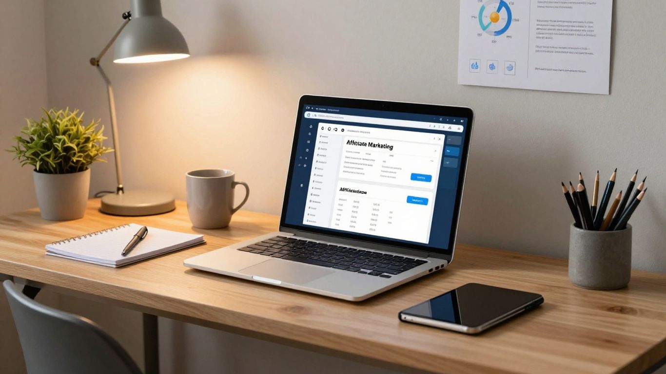 Affiliate marketing tech stack with laptop and digital tools.