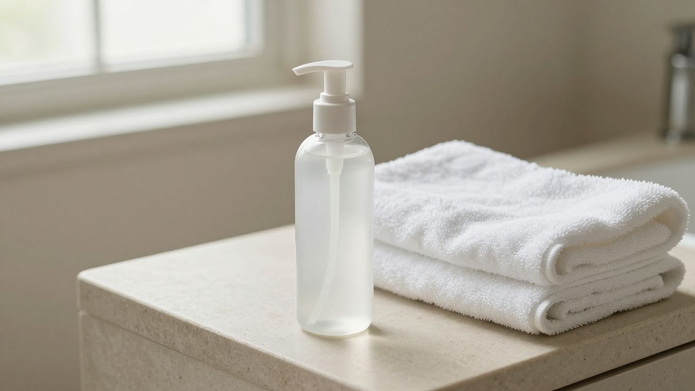 Clear lubricant bottle beside folded towels