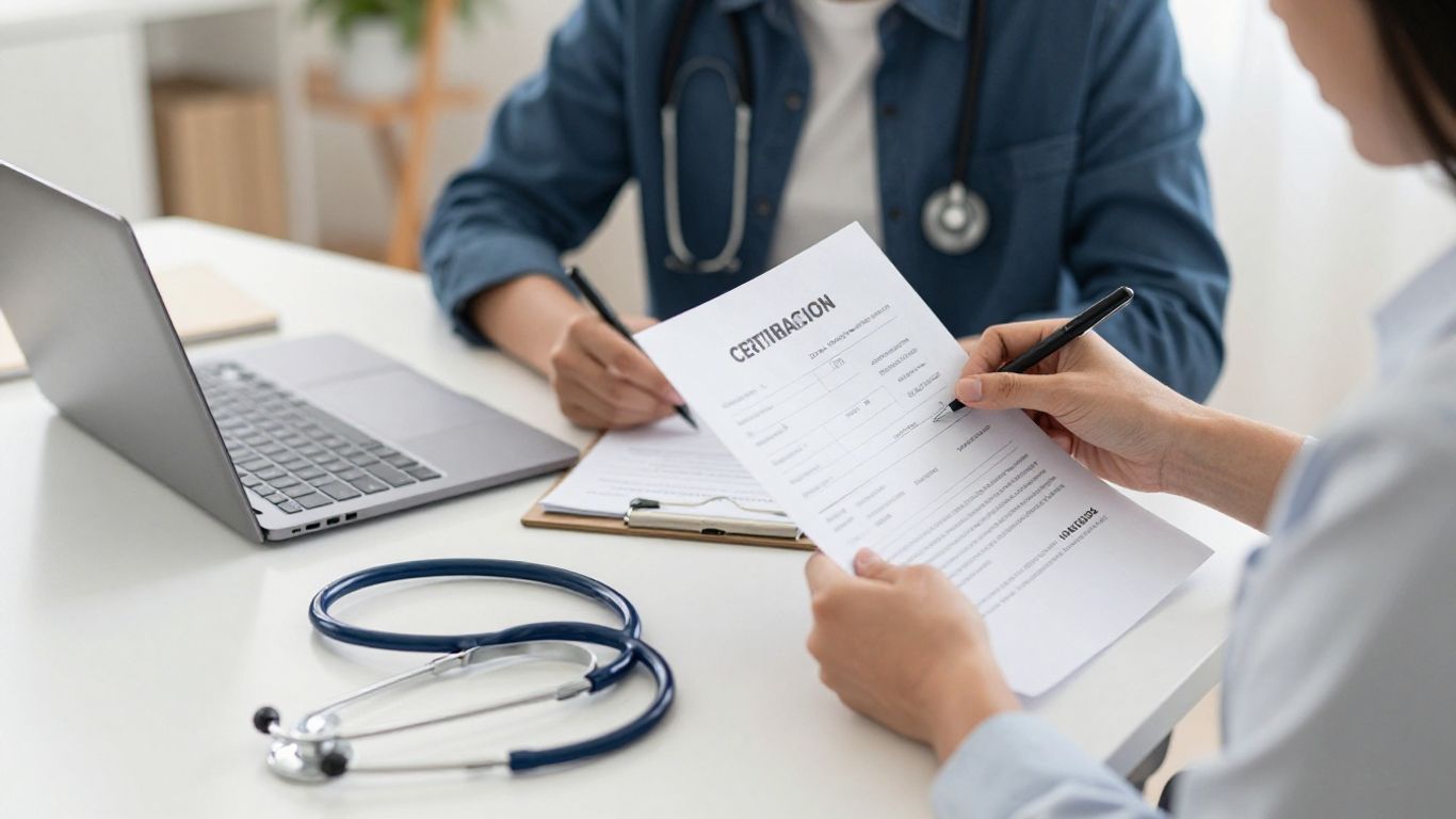 Student reviewing CNA certification documents at a desk