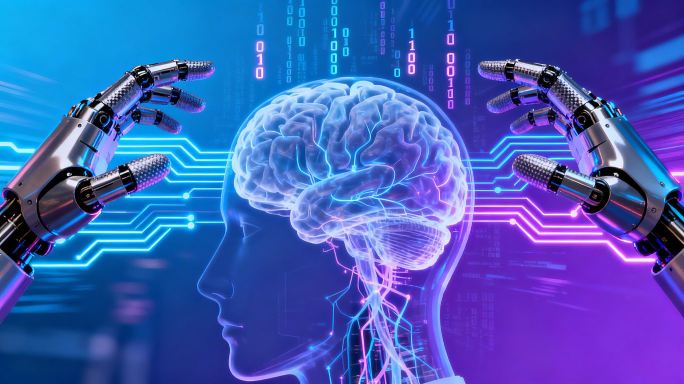 Digital circuits, brain, and robot hands interacting.