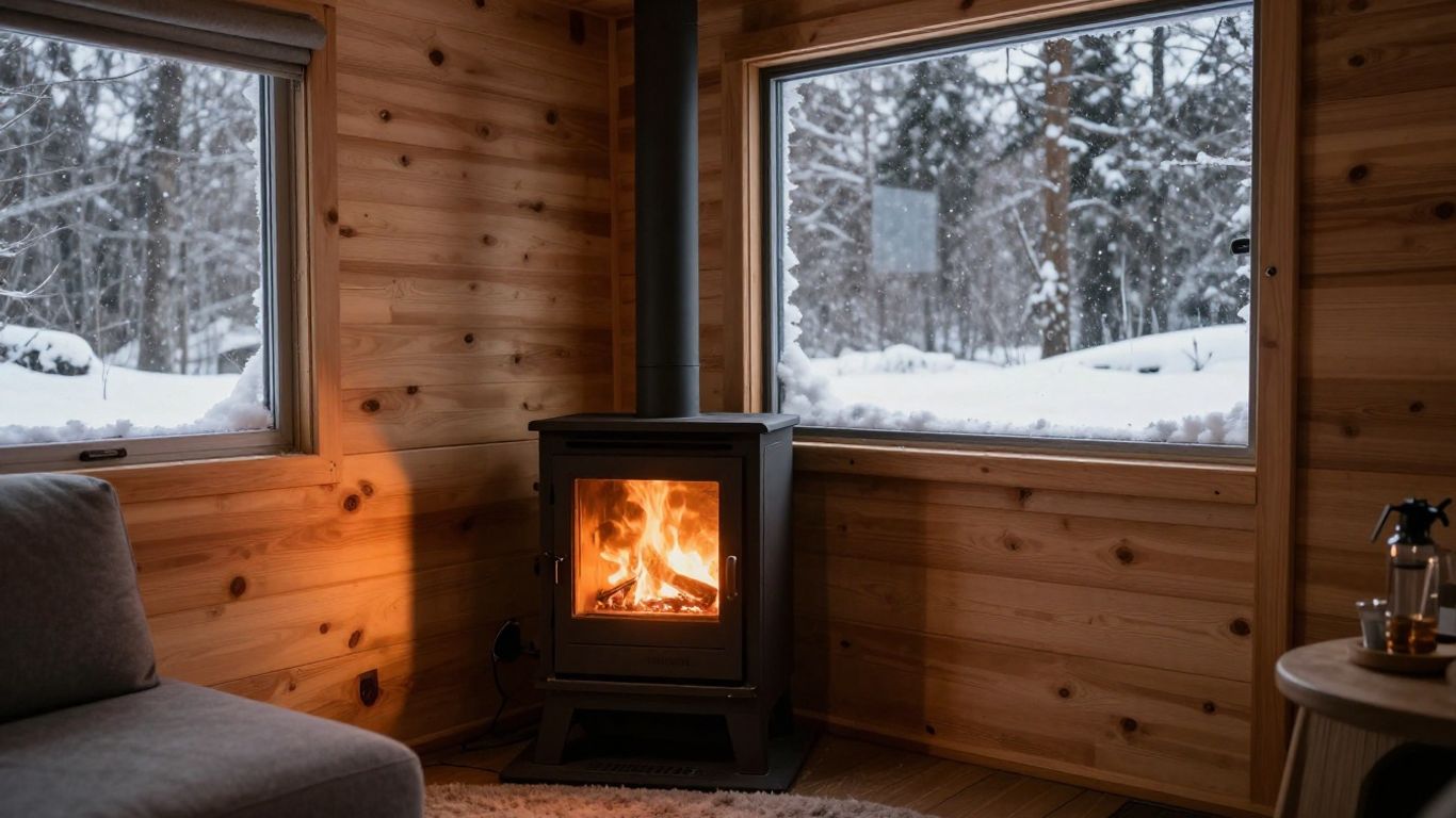 Cozy tiny house interior with efficient wood stove.