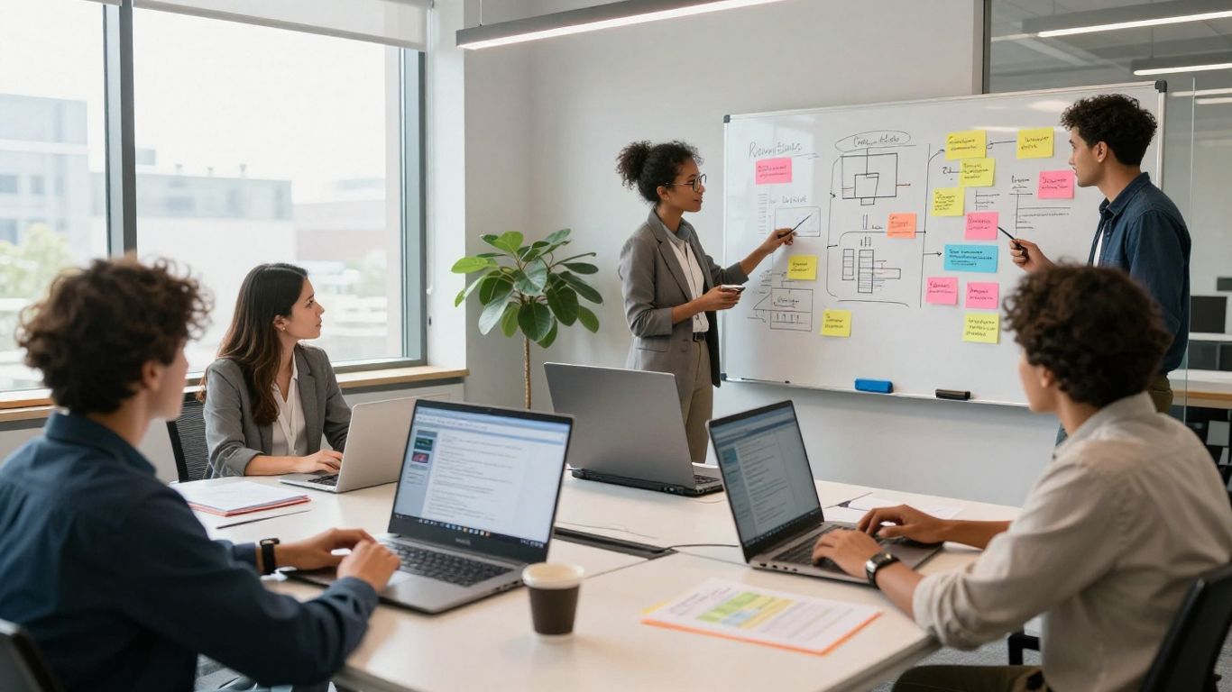 Team collaborating on digital marketing strategies in a bright office.