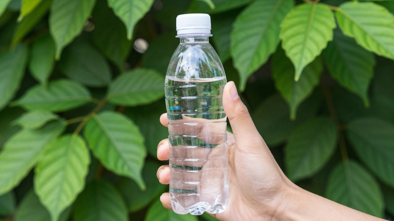 Biodegradable plastic bottle held in hand with green leaves.