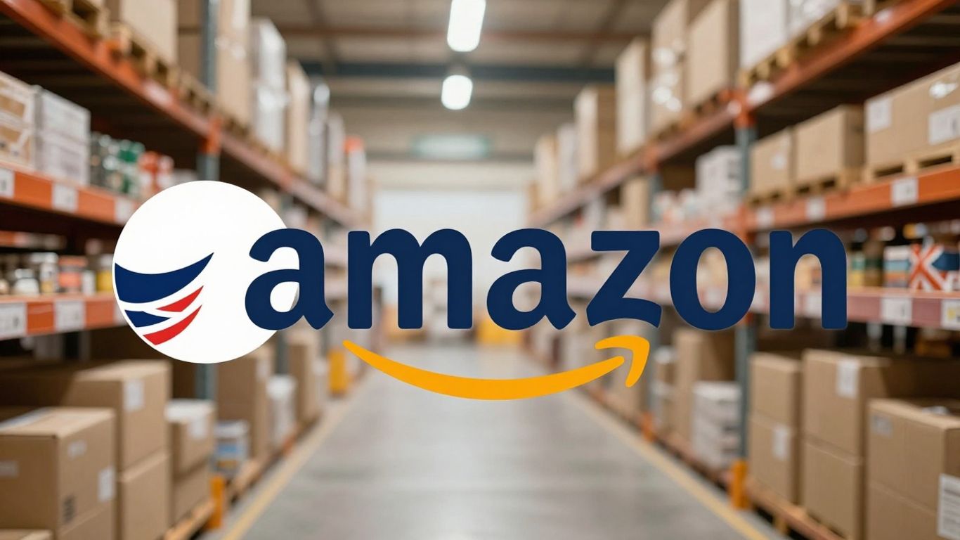 Amazon UK logo with UK flag, marketplace background