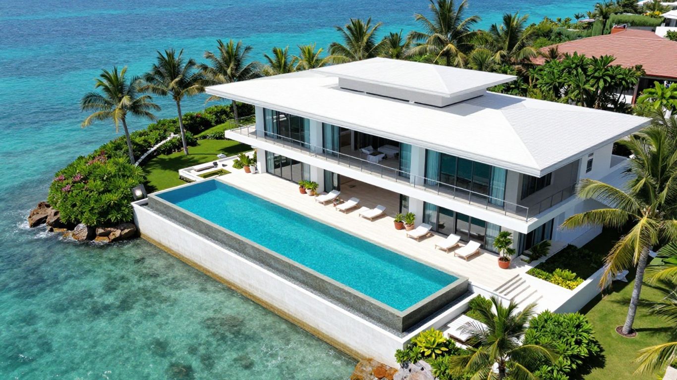 Luxurious beachfront villa with infinity pool overlooking the ocean.