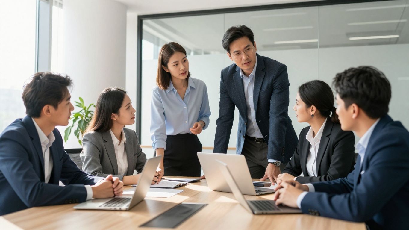 Sales team collaborating in a modern office.