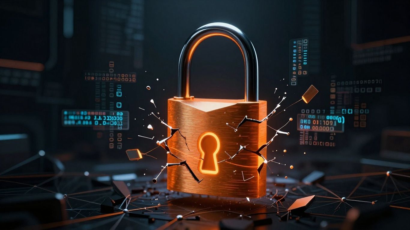 Cracked digital padlock with shadowy network behind it.