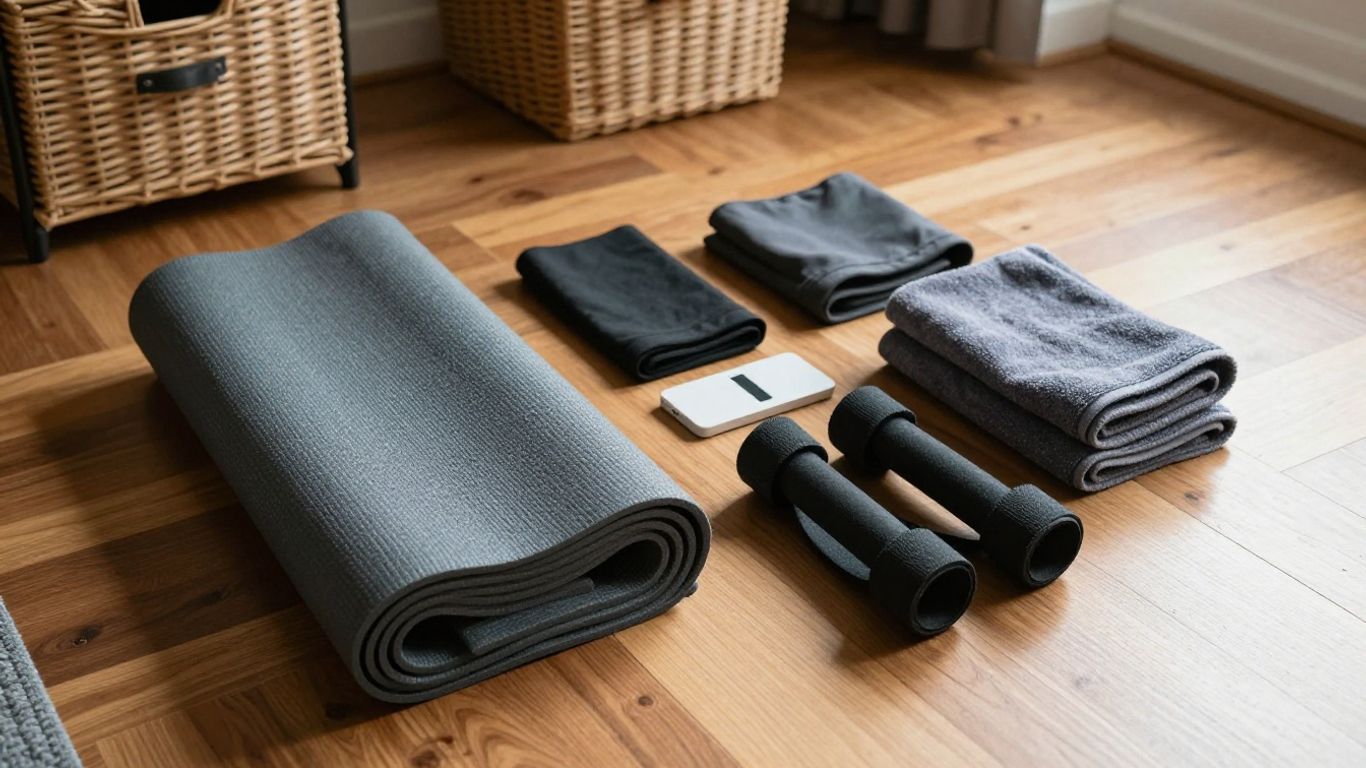 Rolled yoga mat and accessories in a tidy home corner