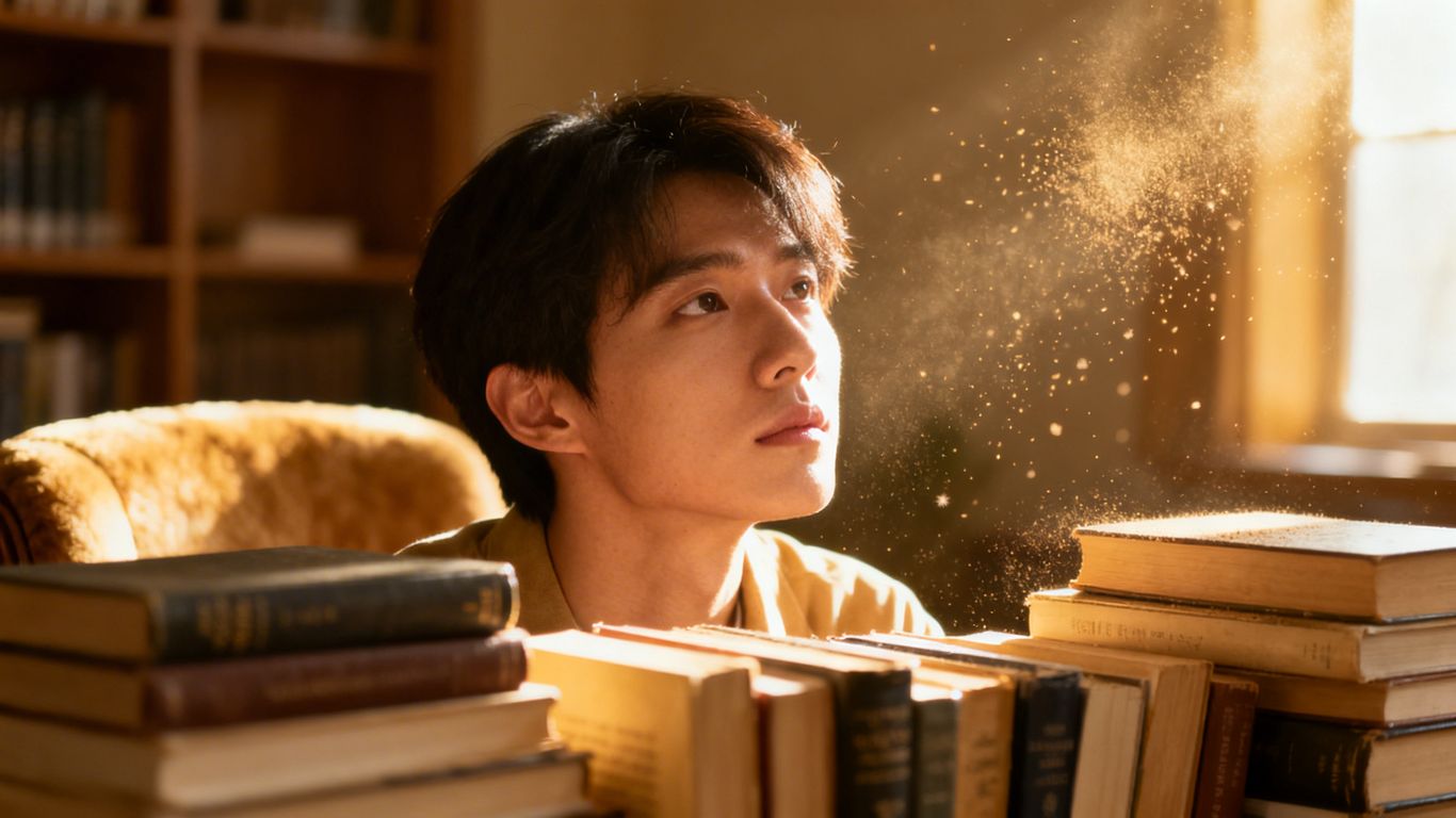 Person surrounded by books, looking thoughtful.