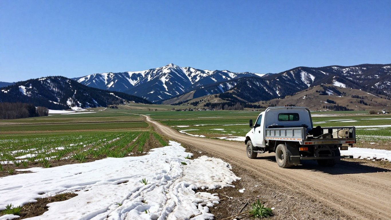 Contractor truck in a spring landscape with melting snow.