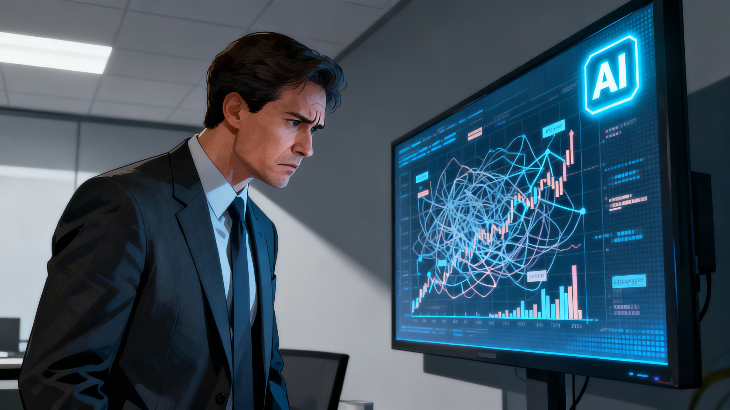 A business executive looking at a chaotic and nonsensical chart presented by an AI, symbolizing flawed strategy from AI hallucinations.