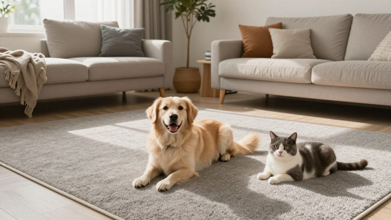 Happy dog and cat on pet-friendly flooring in a living room.