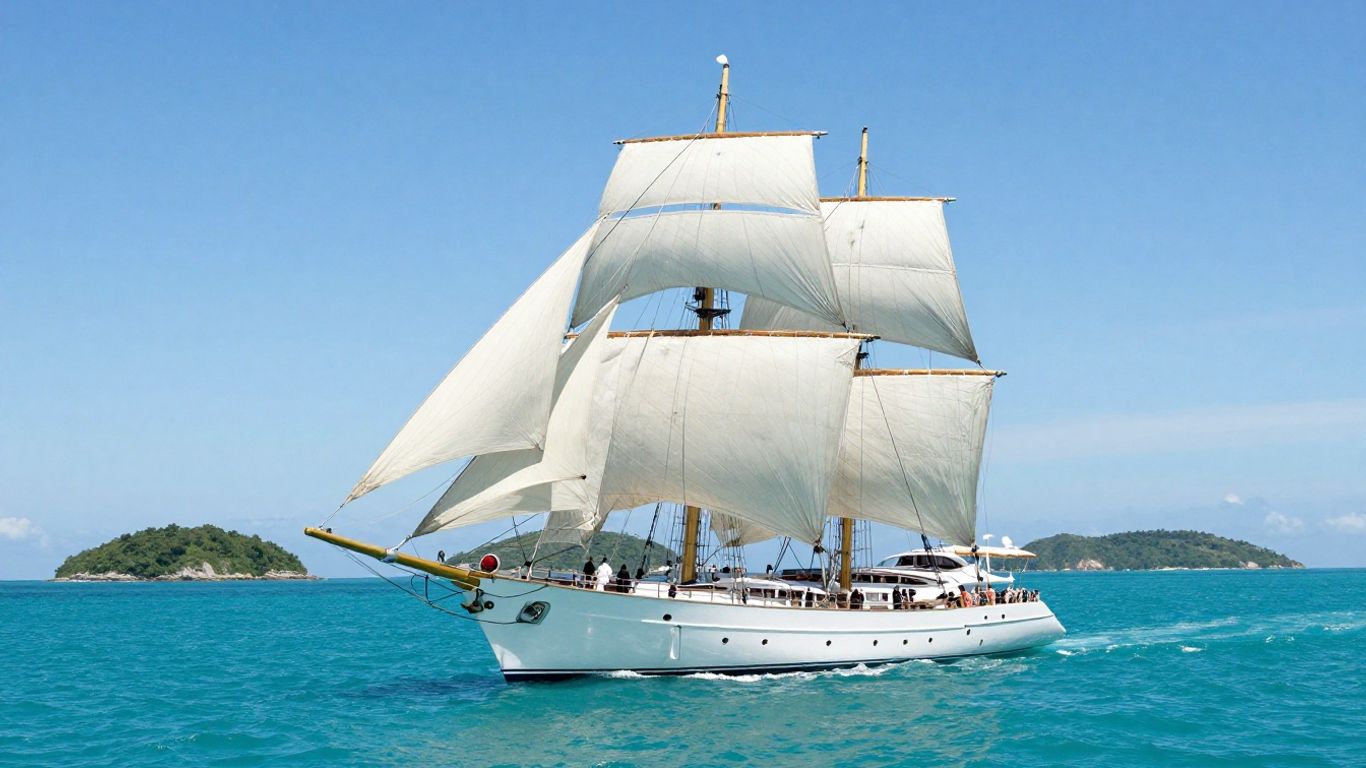 Sailing yacht on a clear blue ocean near islands.
