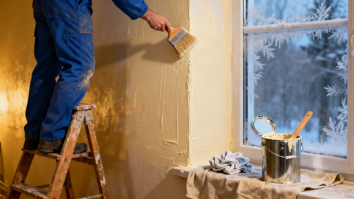 Interior painting in progress during cold weather.