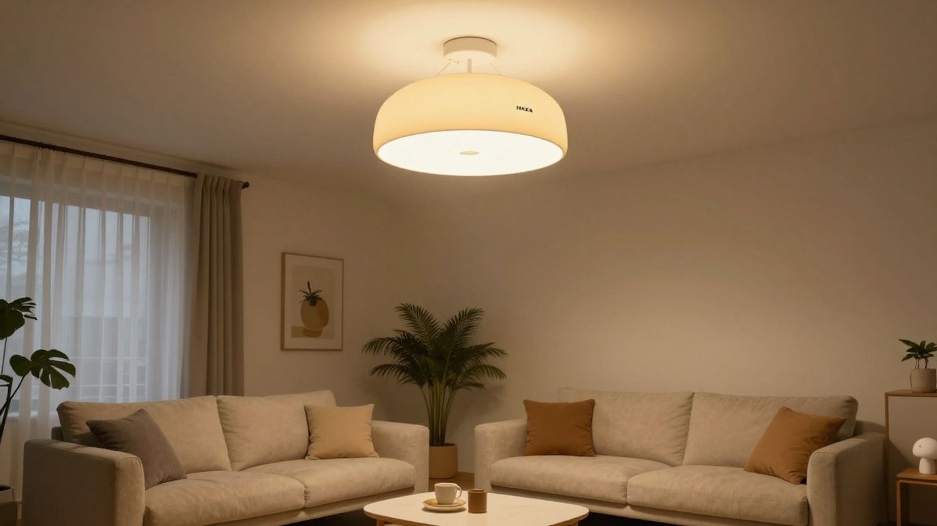IKEA ceiling light illuminating a modern living room.