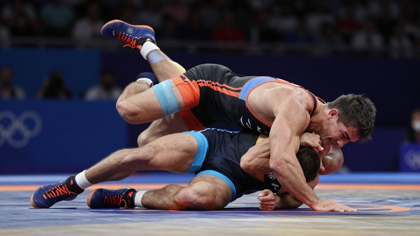Doi luptători olimpici în acțiune pe saltea.