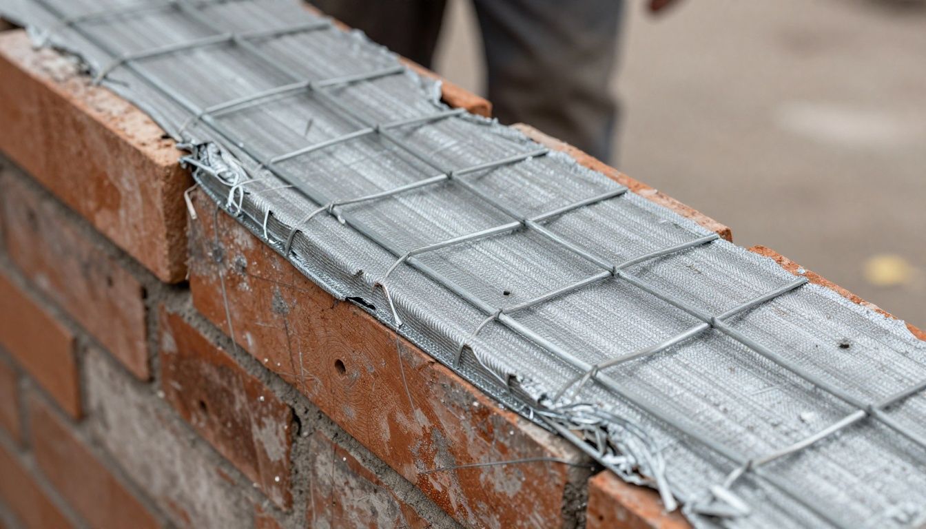 Close-up of a render repair in progress, showing a new scratch coat with galvanised metal mesh embedded in it, keyed into the surrounding brickwork.