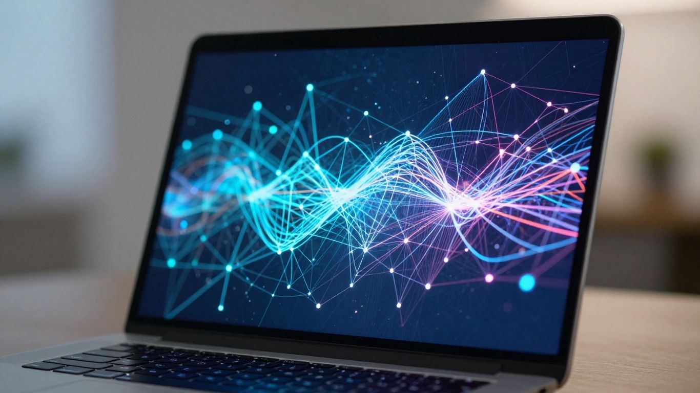 Laptop screen with glowing digital network patterns.