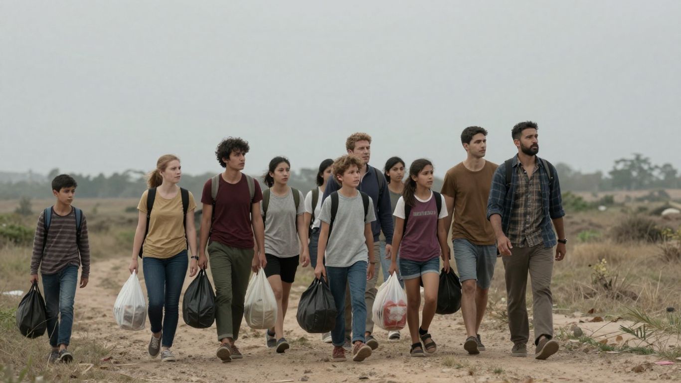 Refugiați traversând un peisaj spre un orizont îndepărtat.