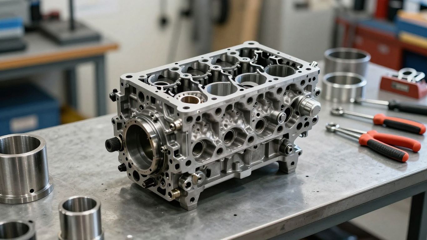 Detailed view of a disassembled automotive engine block
