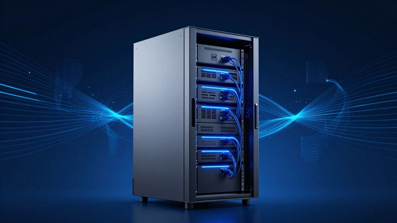 Dell cloud storage server rack with glowing blue lights.