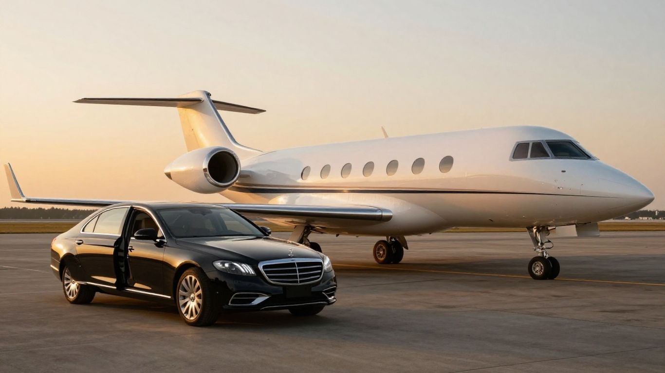 Private jet and luxury car on tarmac.