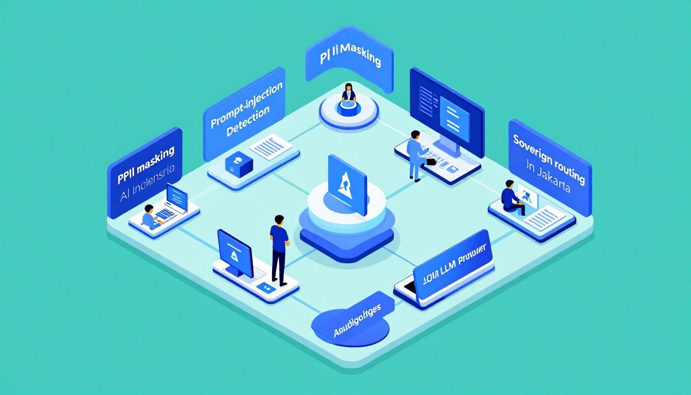 Isometric illustration of an Indonesian enterprise AI security architecture, with customer data flowing through PII masking, prompt-injection detection, sovereign routing in Jakarta, audit logging, and approved LLM providers, clean blue and teal technical style
