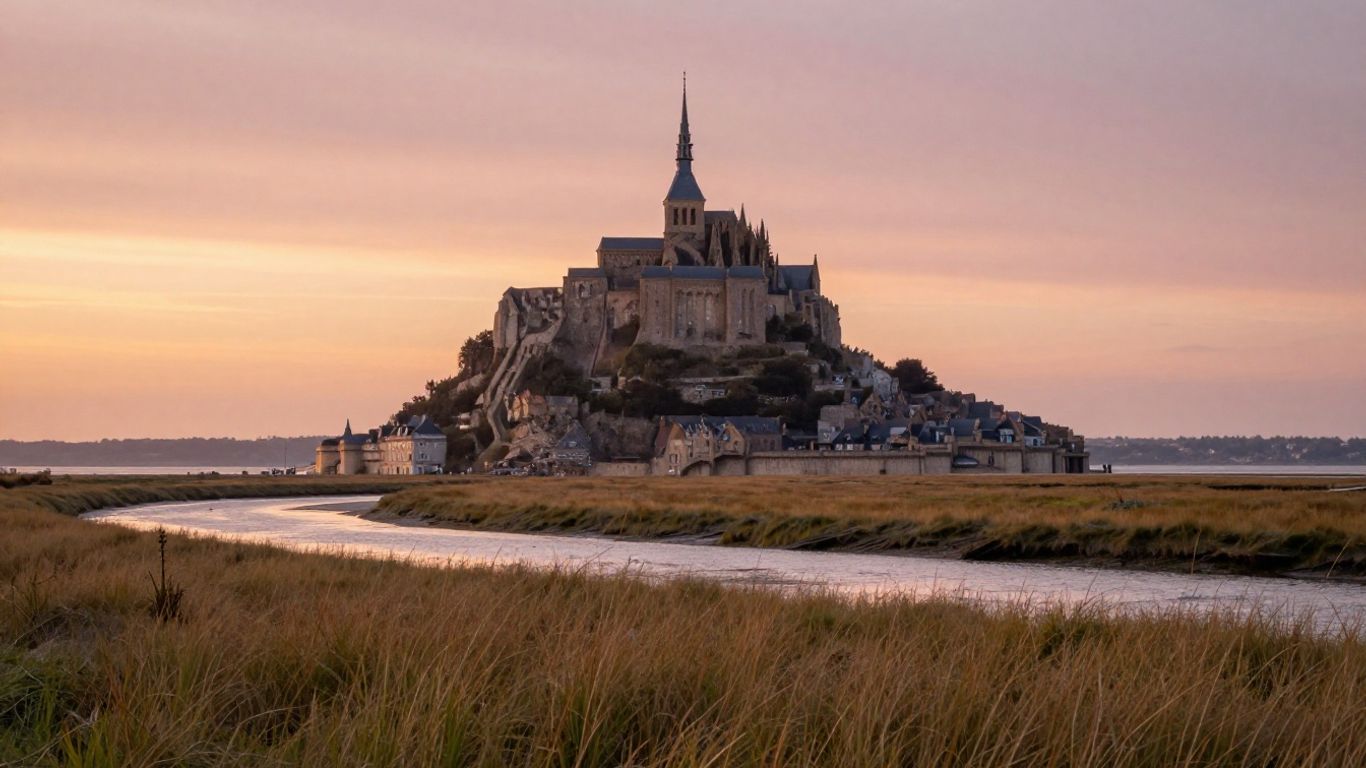 Mont Saint-Michel above quiet evening marshes