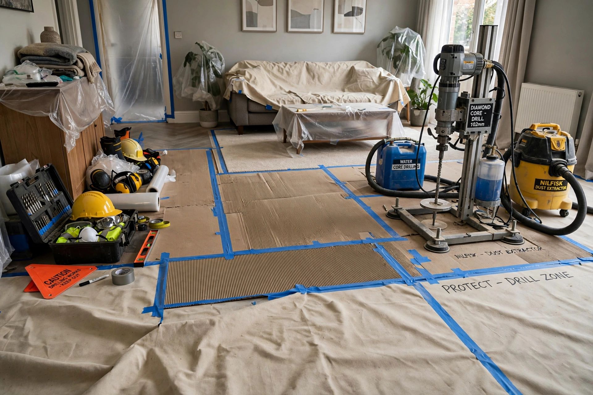 Dust sheets and floor protection laid out before a diamond core drilling job in a furnished living room