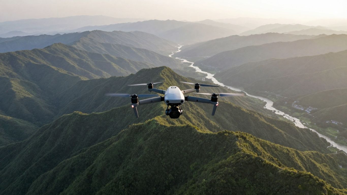 Foldable camera drone above mountain valley