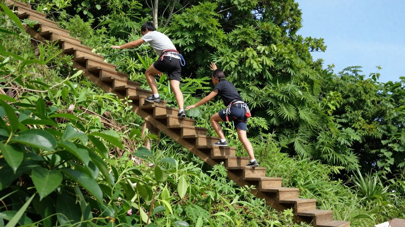 Person climbing a ladder of stacked wooden platforms.