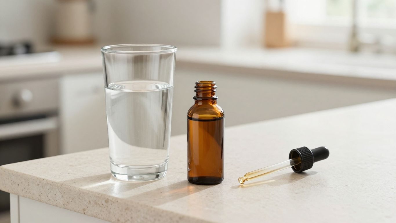 A glass of clear water with a dropper bottle