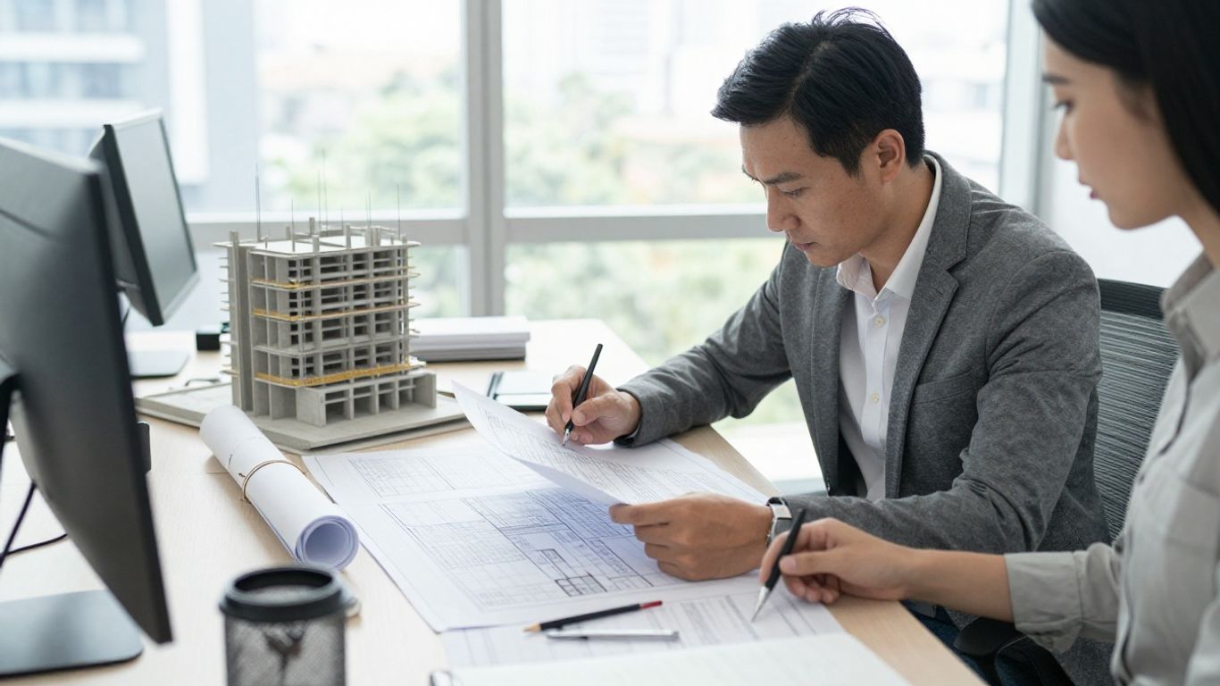 Engineer reviewing structural plans at a desk