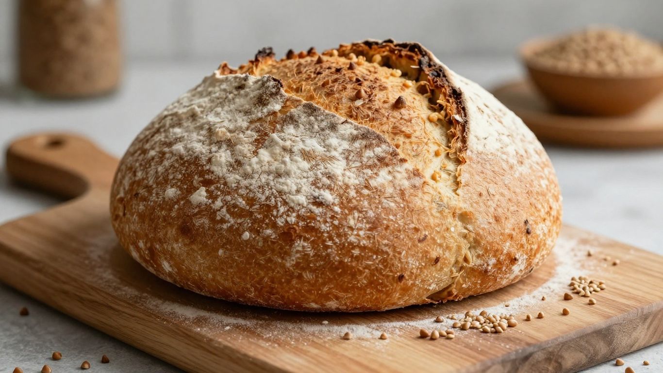 Rustic loaf of simple buckwheat bread on a wooden board.