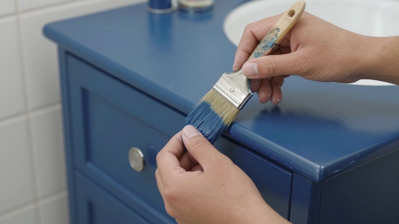 Painter applying blue paint to bathroom vanity.