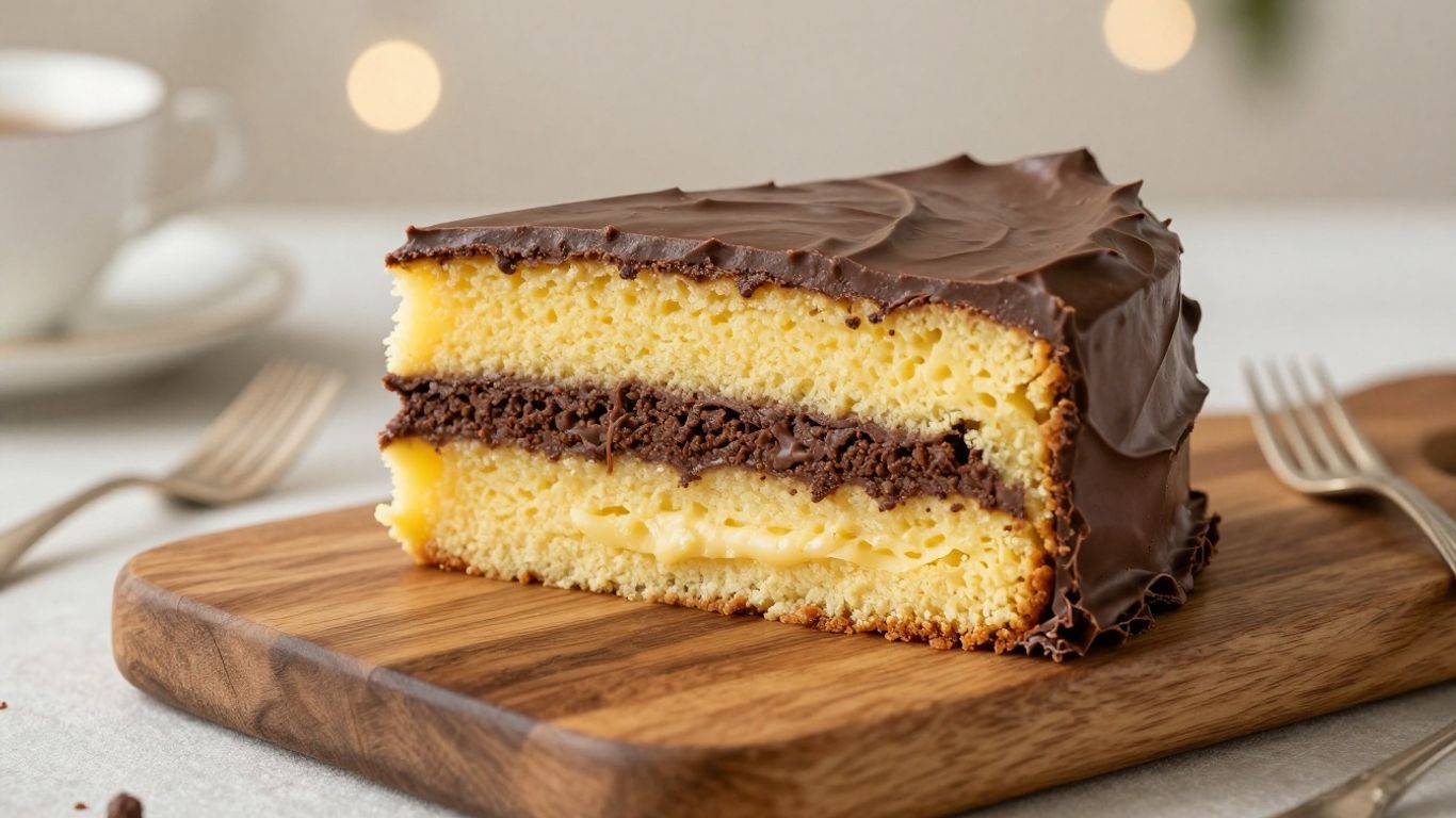 Yellow cake with milk chocolate frosting on wooden stand