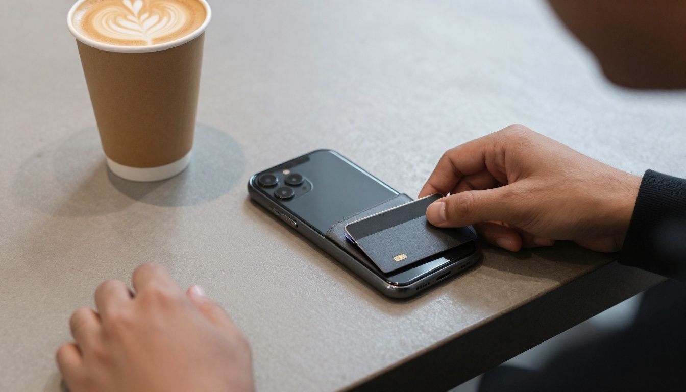 Someone paying for a coffee at a Melbourne cafe using a card from their iPhone wallet case, with the phone resting on the counter.