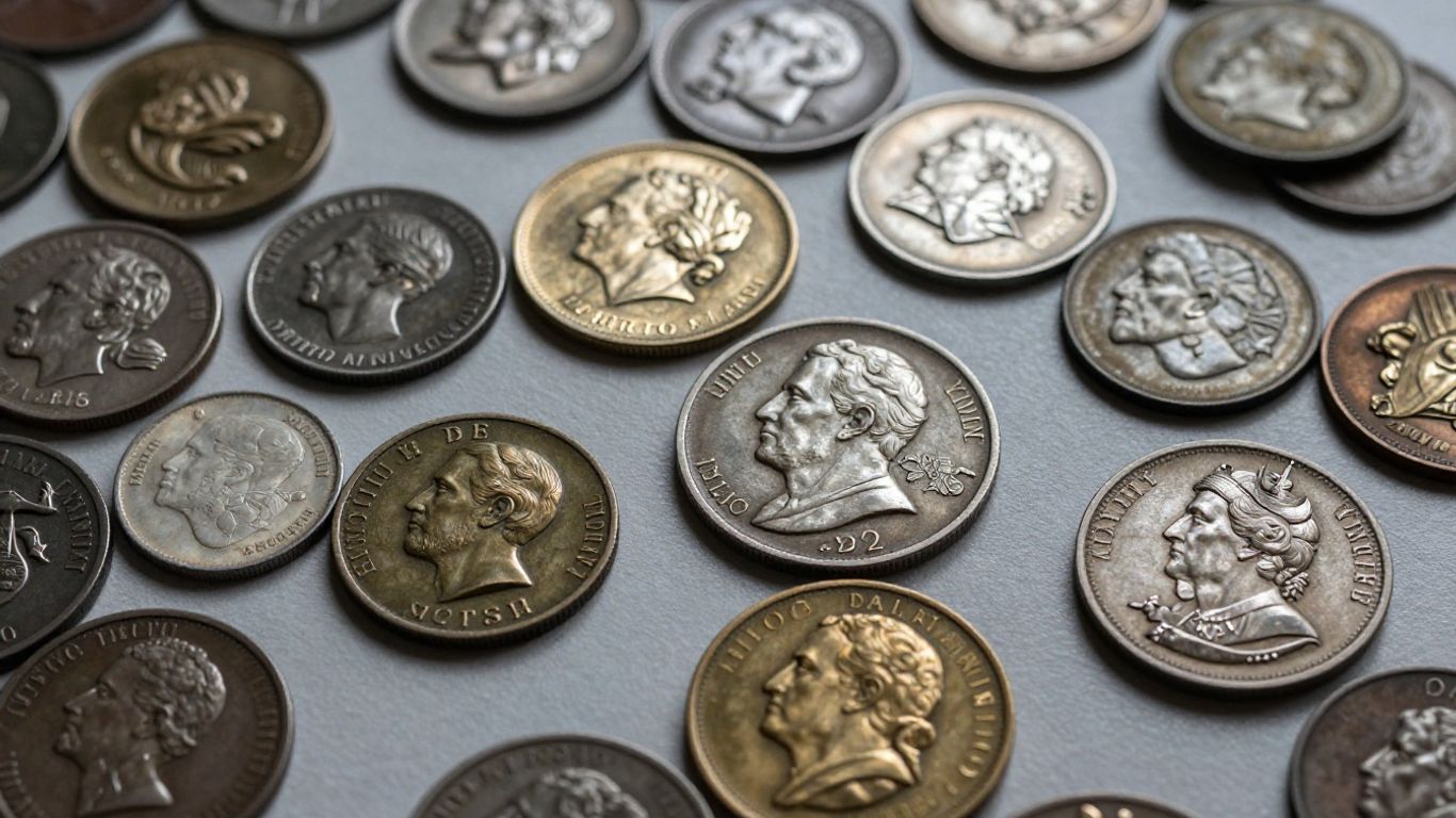 Exonumia coins displayed on a table