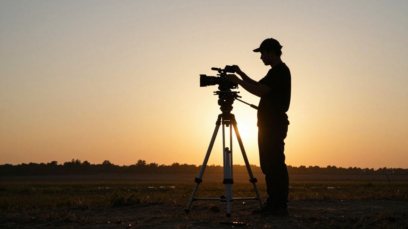 Filmmaker setting up camera equipment outdoors at sunset.