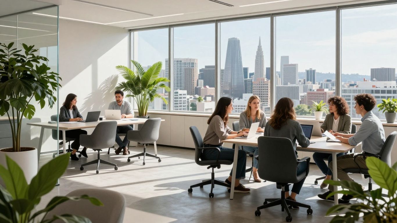 San Francisco skyline view from a modern web design office.