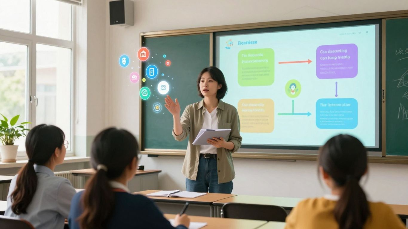 Teacher using AI for lesson plans in a modern classroom.