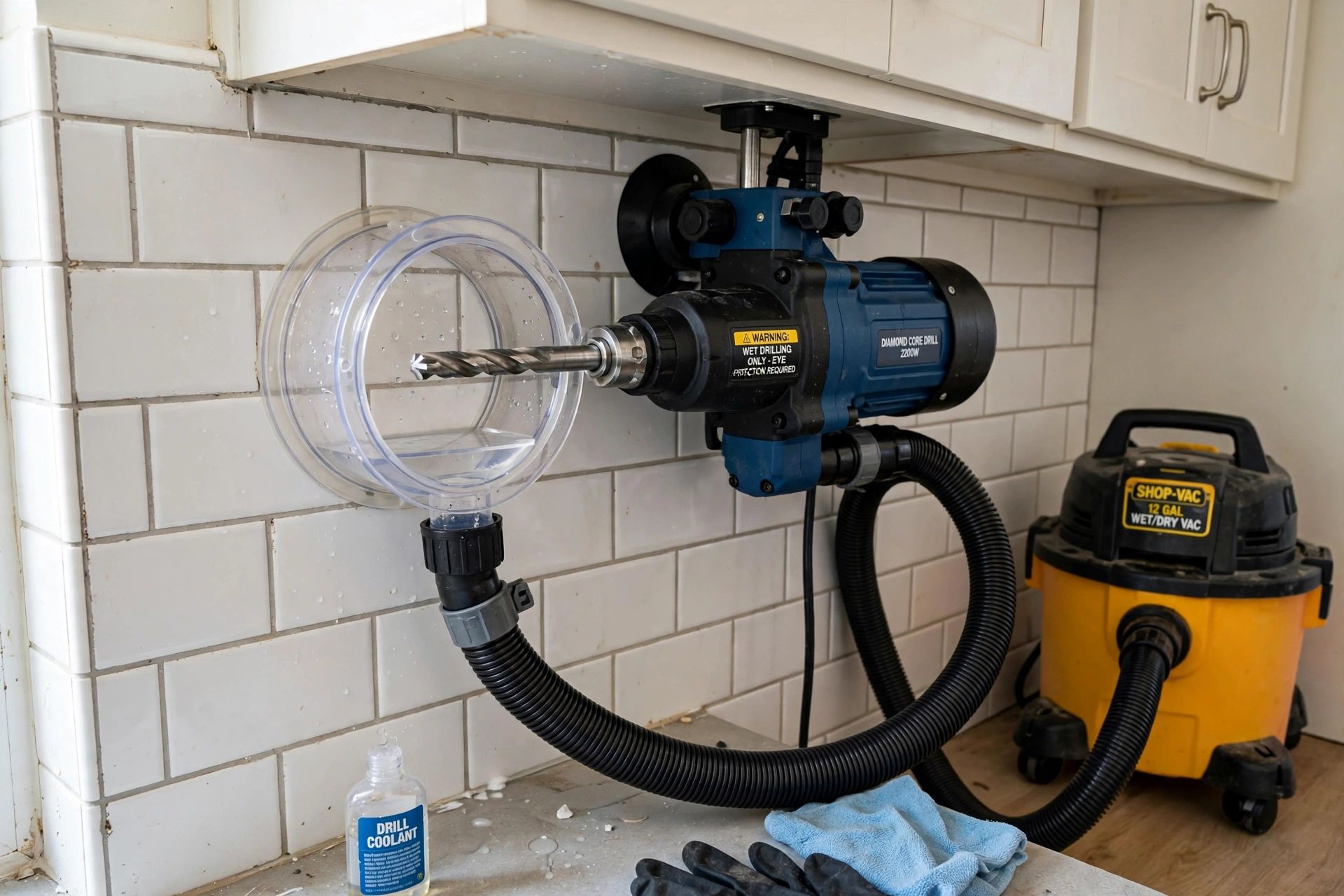 Water collection ring fitted around a diamond core drill on a tiled kitchen wall, with the wet vac hose ready to collect water
