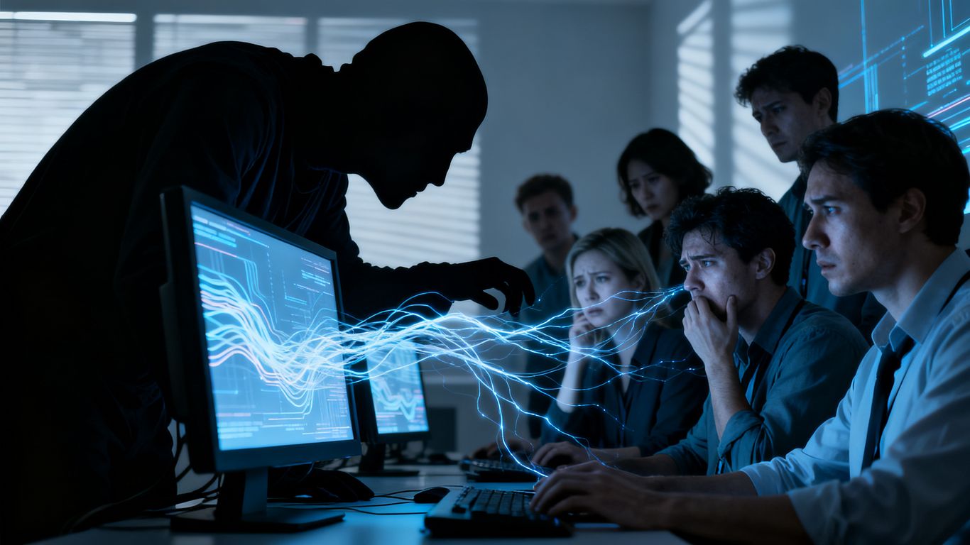 Workers monitored by AI on computer screens.