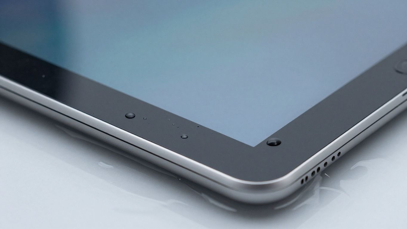 Wet iPad screen with water droplets.