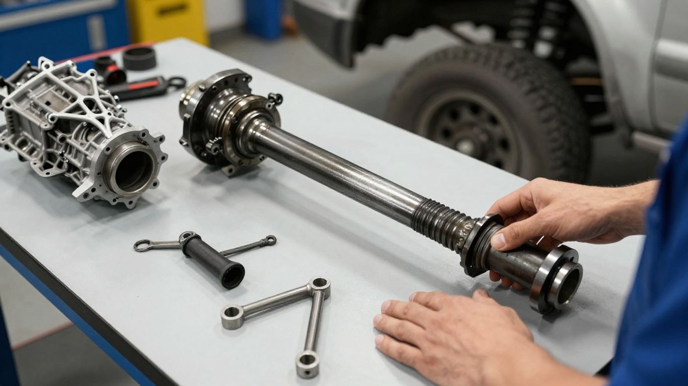 Mechanic comparing a boot with vehicle drivetrain parts