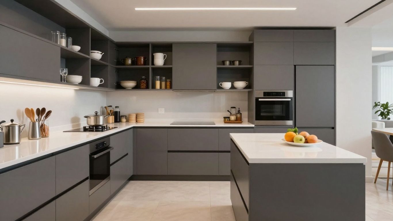 Moderne Küche mit viel Arbeitsfläche und offenen Regalen.