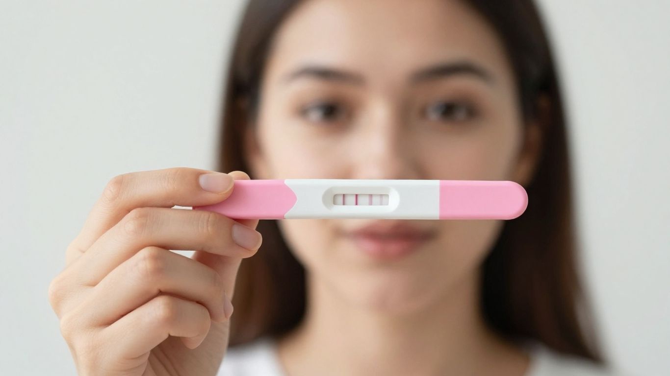 Mujer con prueba de embarazo positiva en sus manos.