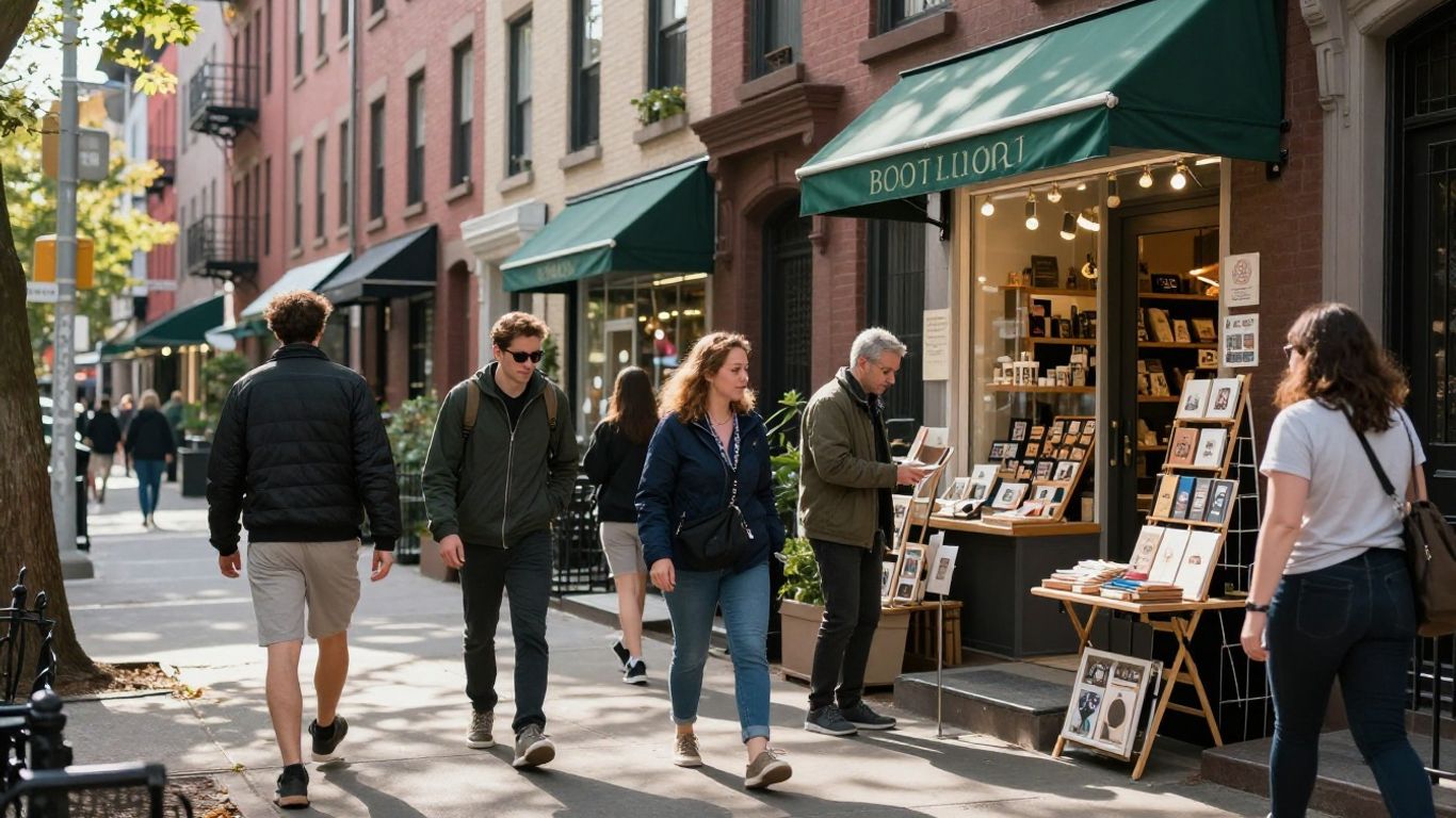 Brooklyn street with shops and people browsing gifts.