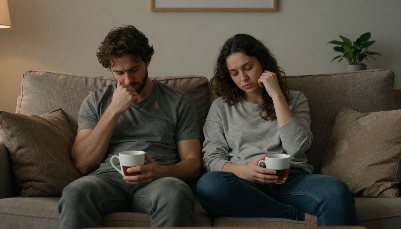 A tired but loving couple sitting together on a couch in a softly lit living room, sharing a quiet, supportive moment with cups of tea.
